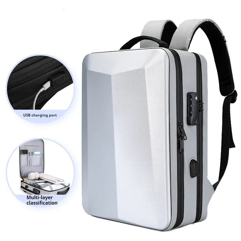 Men's waterproof business backpack in black and silver white colours showing curved shoulder straps and splicing design elements