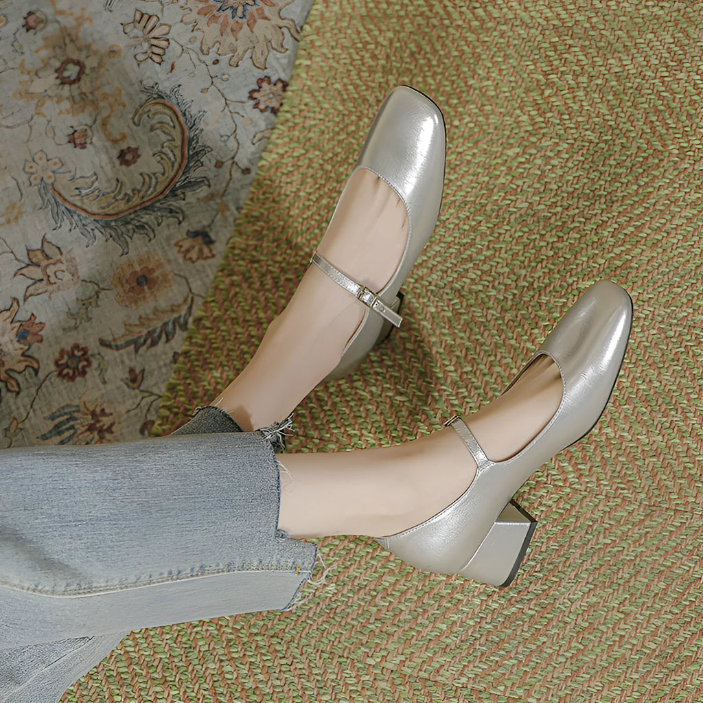 Women's square toe patent leather Mary Jane shoes with buckle and pearl detail, mid heel, low top, available in black, apricot, silver
