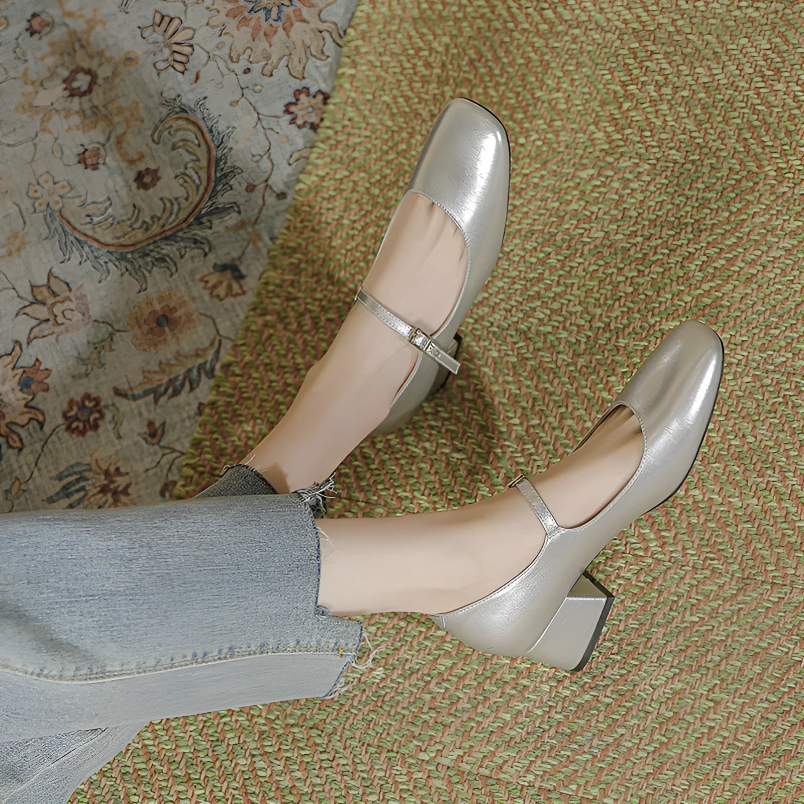 Women's square toe patent leather Mary Jane shoes with buckle and pearl detail, mid heel, low top, available in black, apricot, silver