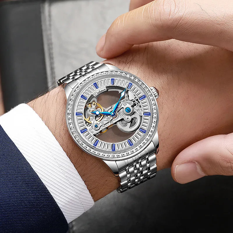 Men's zircon waterproof mechanical watch with transparent case back and multiple strap options