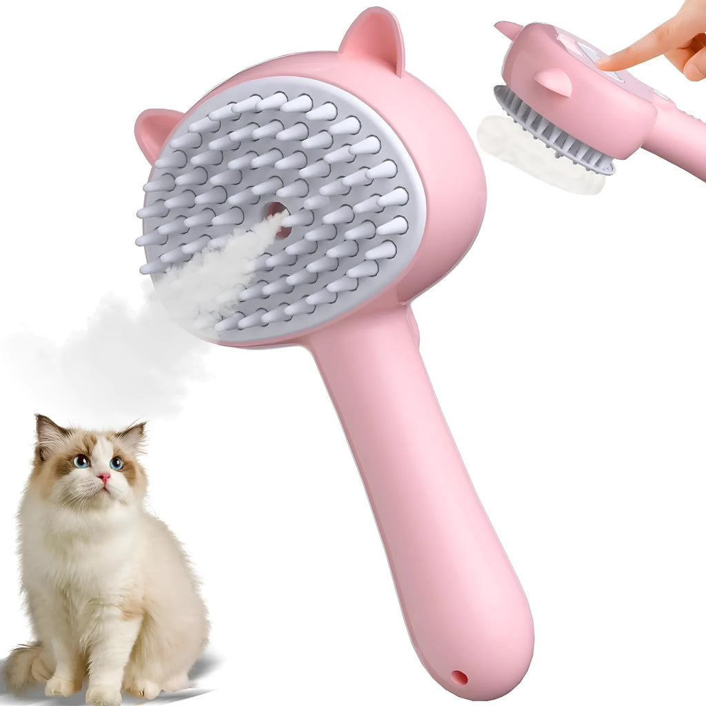 Blue cat ear-shaped steam brush with rubber bristles and release button for pet grooming