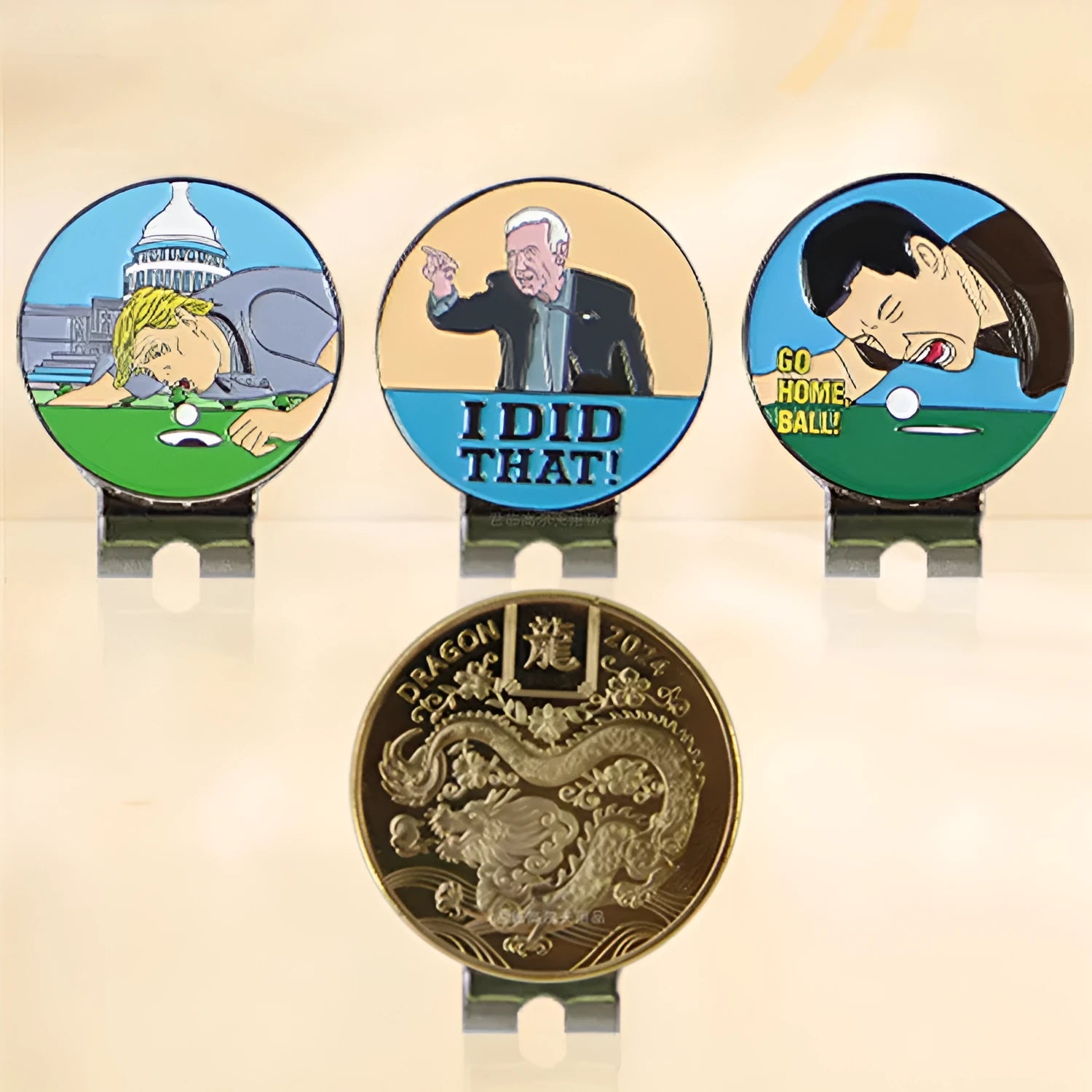 Zinc alloy golf hat clip showing personalised commemorative patterns including Dragon Year design