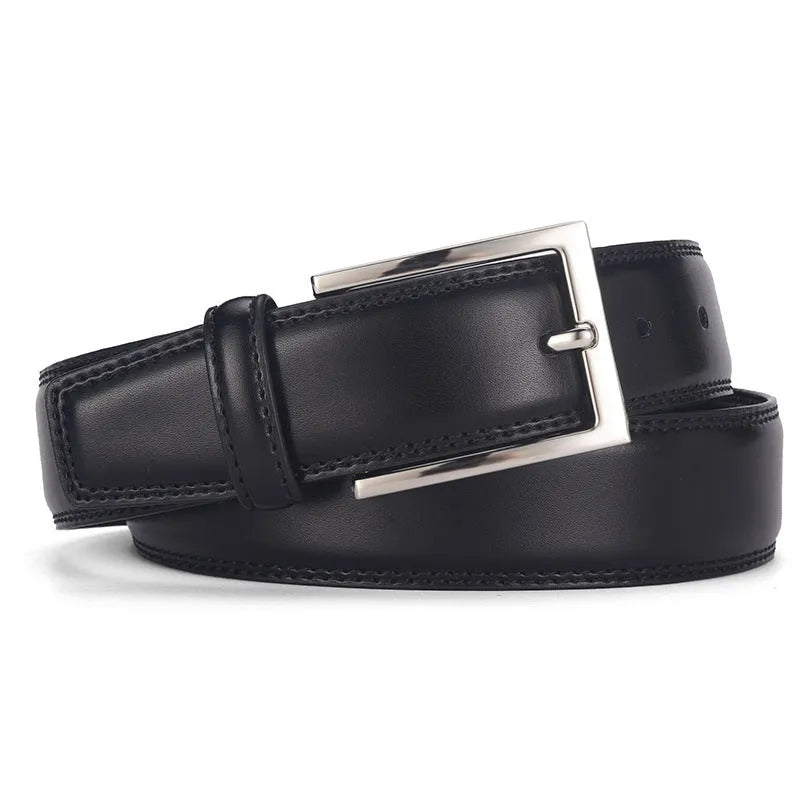 Men's classic black leather belt with a silver alloy pin buckle on a white background