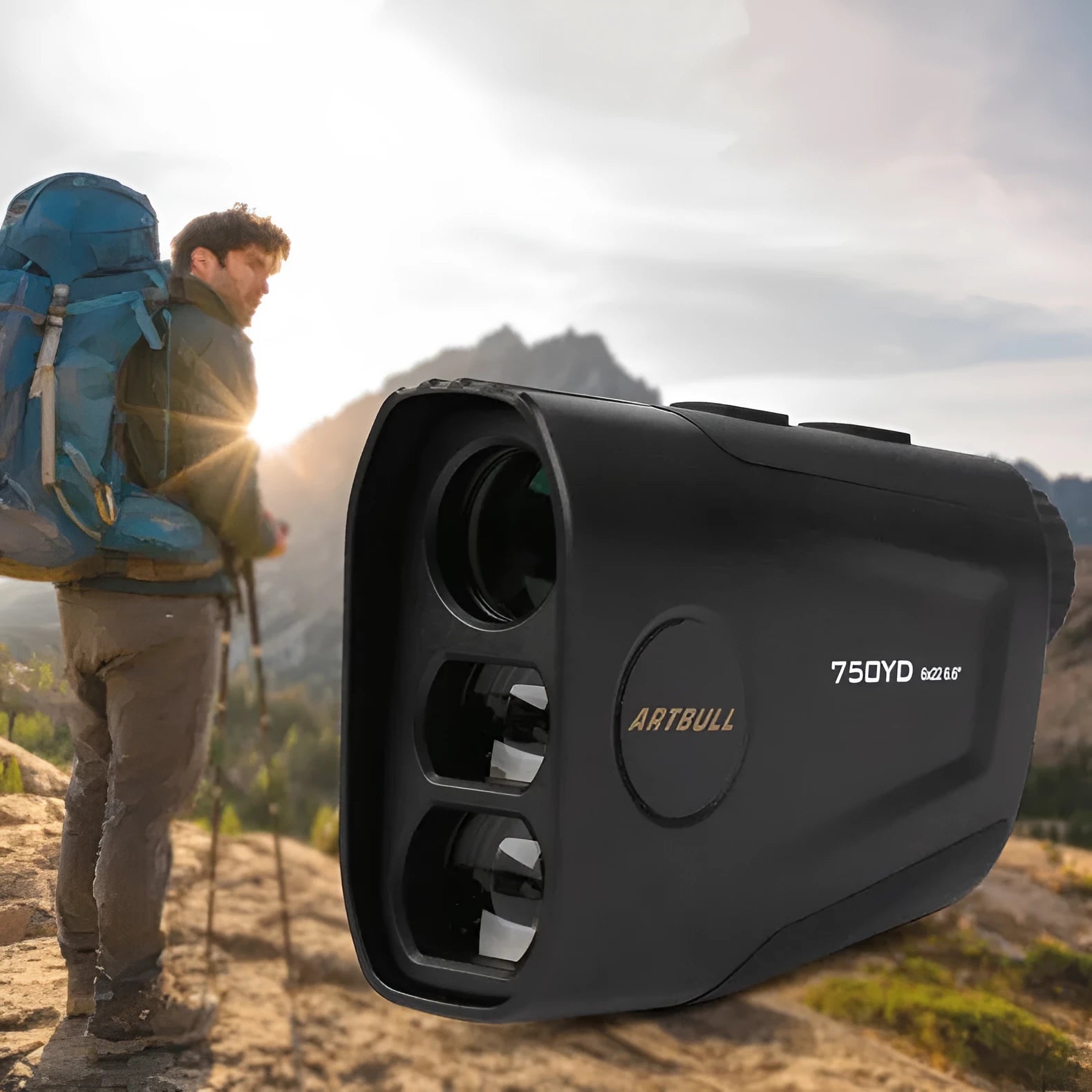 Golf laser rangefinder with LCD display showing distance measurement and slope adjustment function