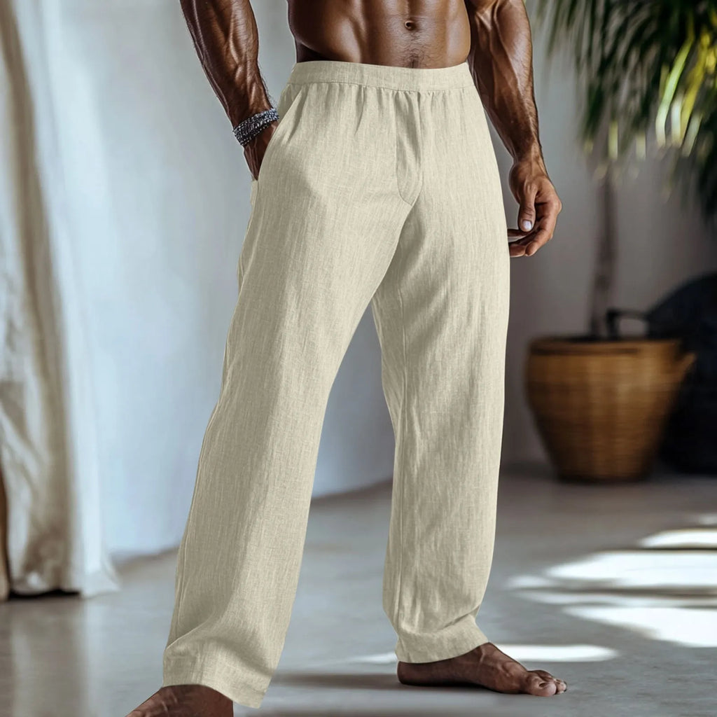 Men's straight leg casual trousers in cotton linen fabric showing front and side views
