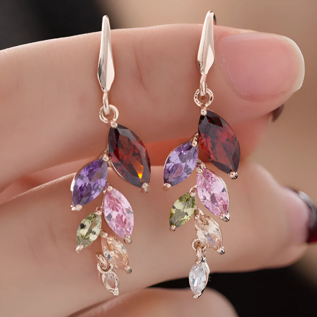 Leaf-shaped zircon earrings for women in rose gold white finish on copper alloy