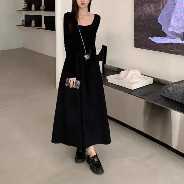 Women's square collar knitted dress with elastic waist and a-line long skirt in grey colour