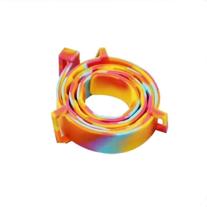 Rainbow coloured plastic flea prevention collar for pets on cat and dog packaging.