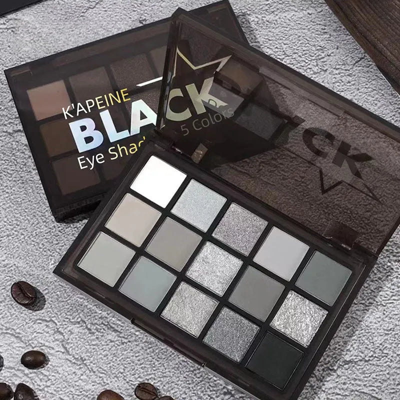 15-colour eye shadow palette showing shimmer and matte finishes in brown, blue and earth tones