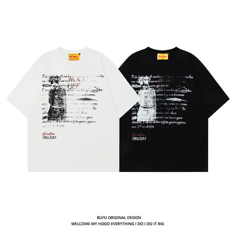 Men's black pure cotton hip hop T-shirt with white retro letter printing and raglan sleeves