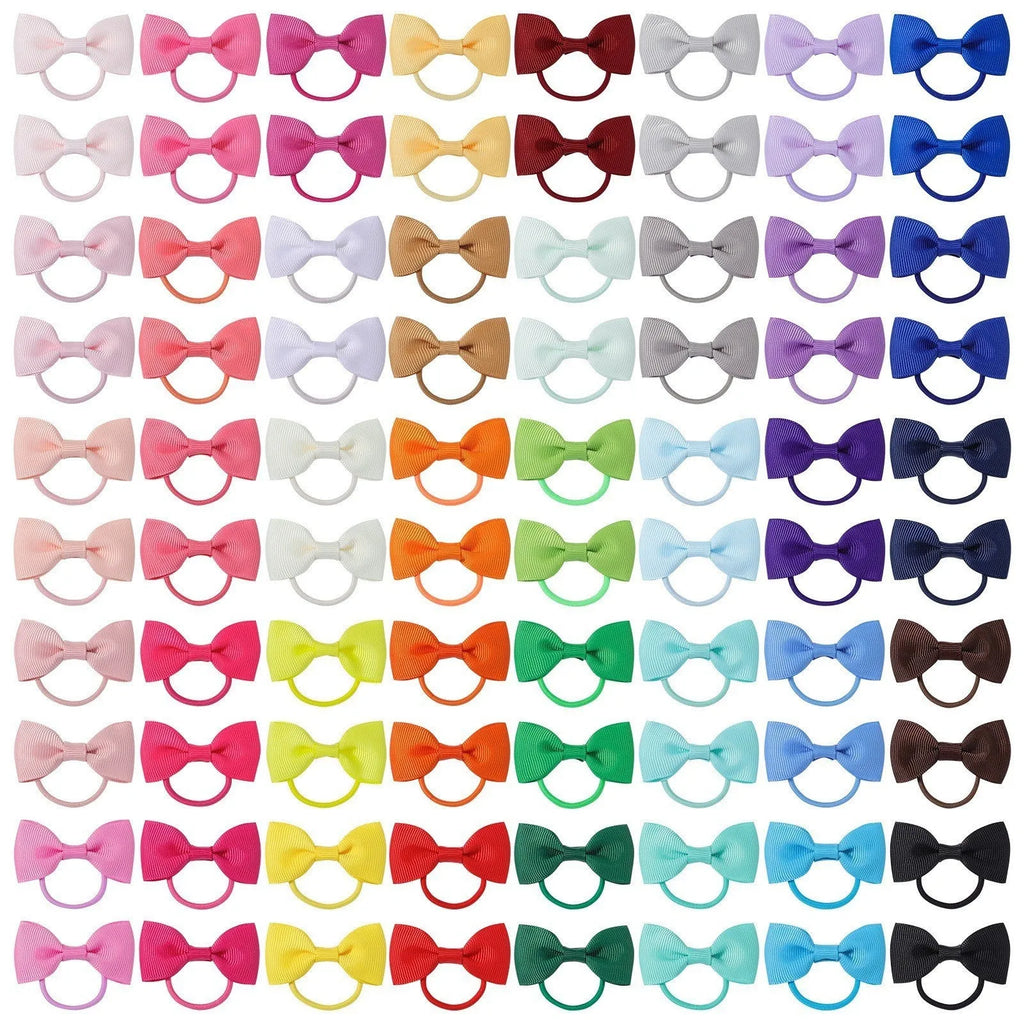 80 piece set of multi-coloured baby hair ties with grosgrain ribbon bows for infants and toddlers