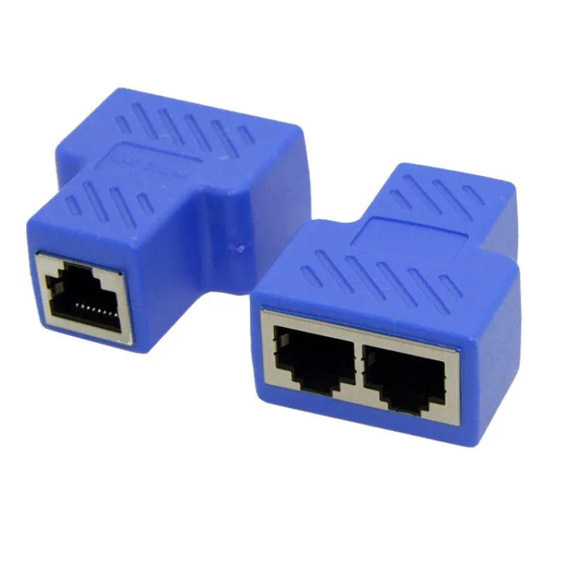 RJ45 network cable splitter adapter showing tee-shaped design with one input and two output ports