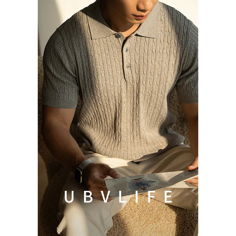 Men's business casual short sleeve top in khaki, black or white colours with Asian sizing information