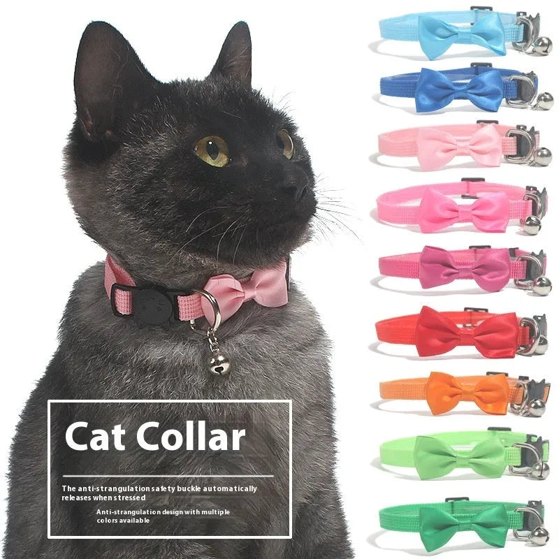 Adjustable nylon cat bow collar with a bell in a striped pattern, shown in a bright colour.
