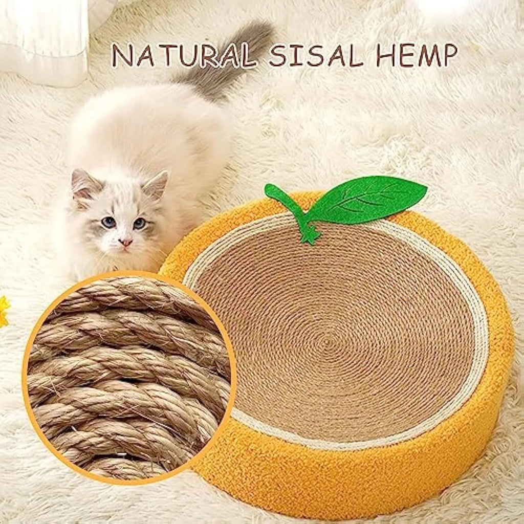 Yellow fruit-themed round sisal cat scratching board and bed for small cats.