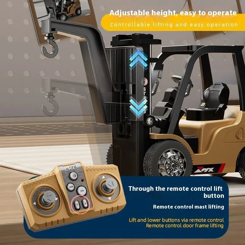 1:64 scale mini alloy forklift remote control toy with remote and accessories on white background