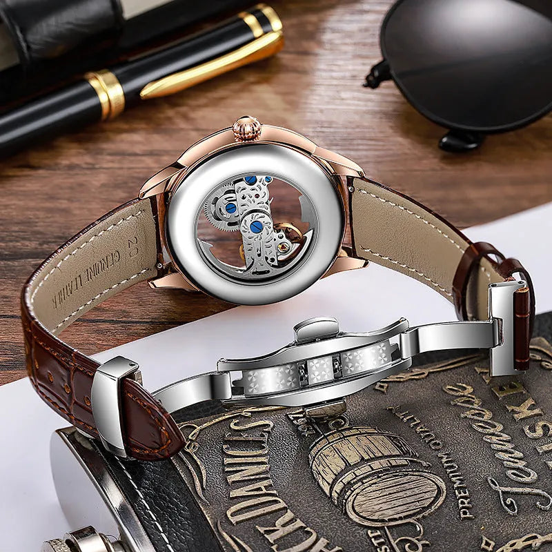 Men's zircon waterproof mechanical watch with transparent case back and multiple strap options
