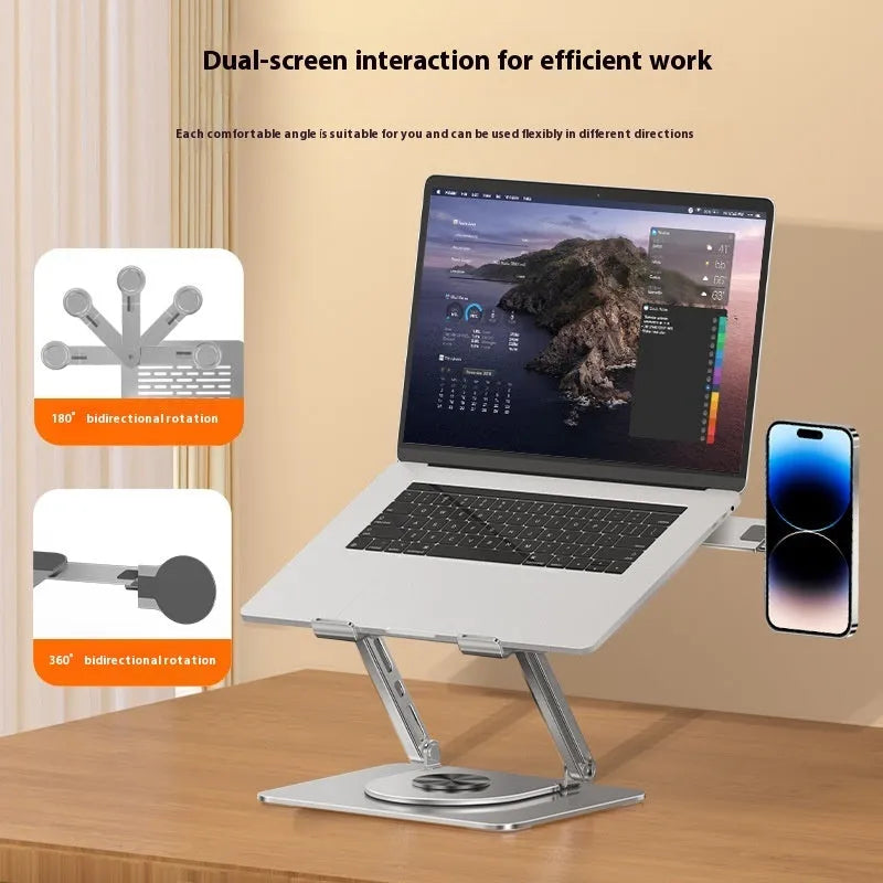 Silver carbon steel laptop stand with side-mounted magnetic phone holder on rotatable base