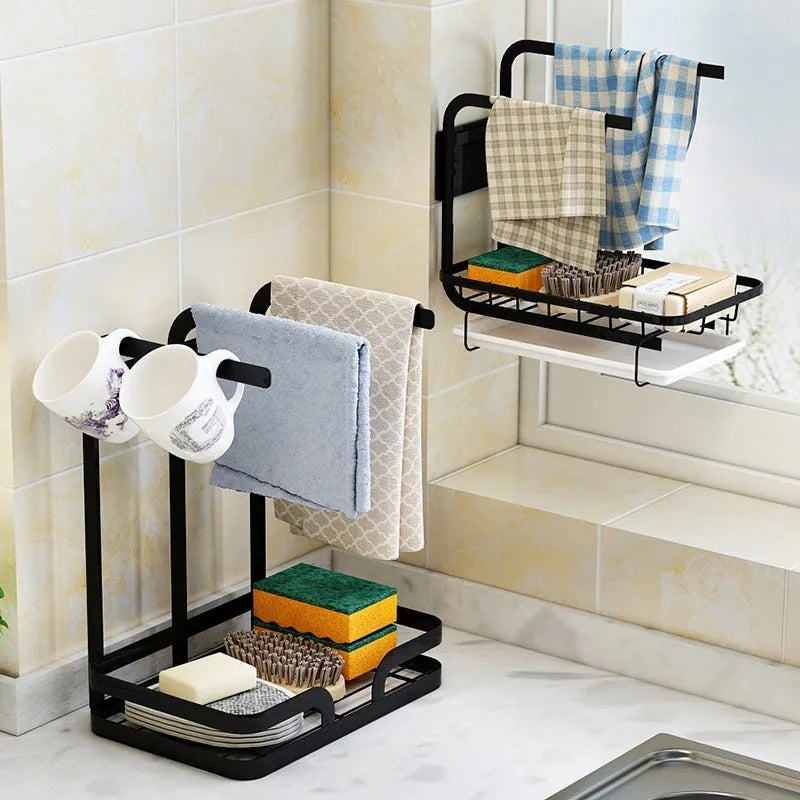 Foldable plastic kitchen storage rack for rags in a new Chinese style, shown in wall-mounted and tabletop use.
