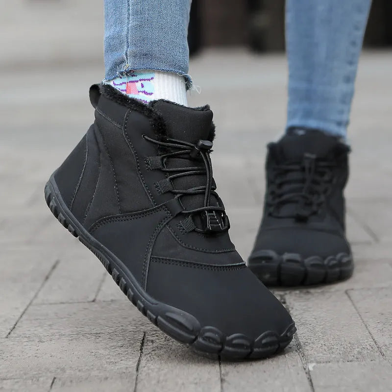 Waterproof outdoor snow boots with fleece lining, rubber soles, and lace-up front in black, khaki, or pink colours