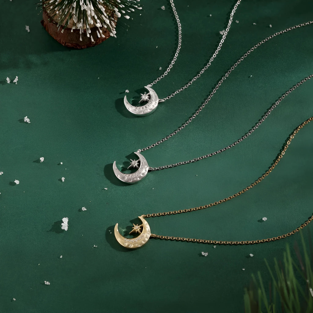 S925 sterling silver necklace with moon pendant on clavicle chain, available in gold, platinum, and silver