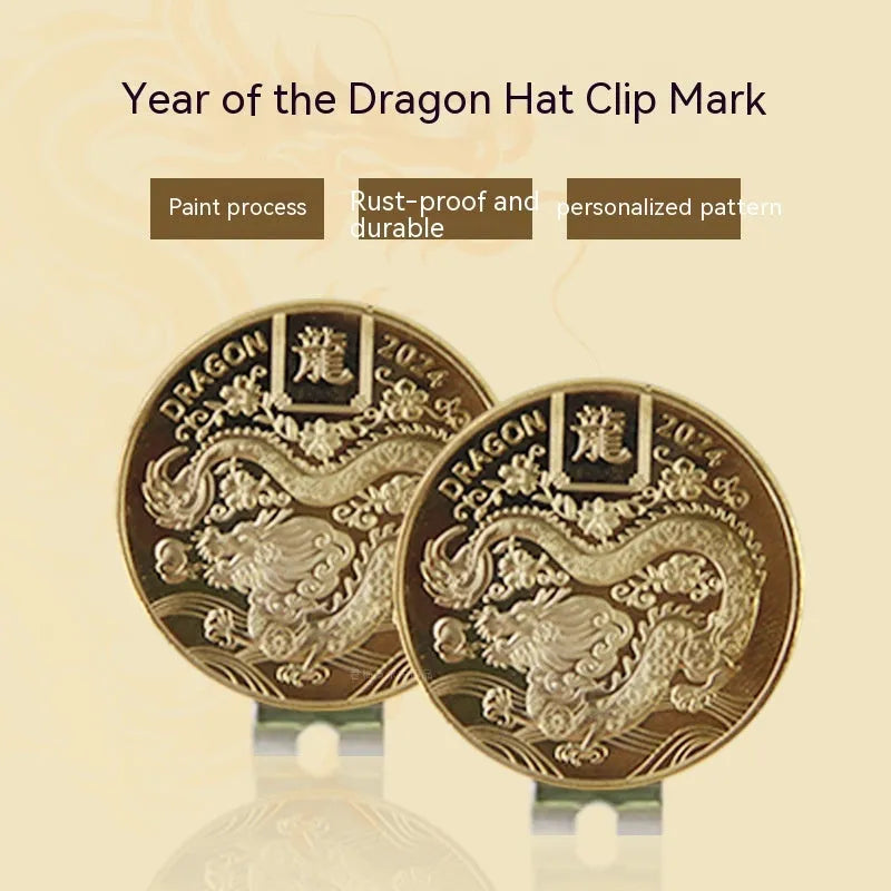 Zinc alloy golf hat clip showing personalised commemorative patterns including Dragon Year design