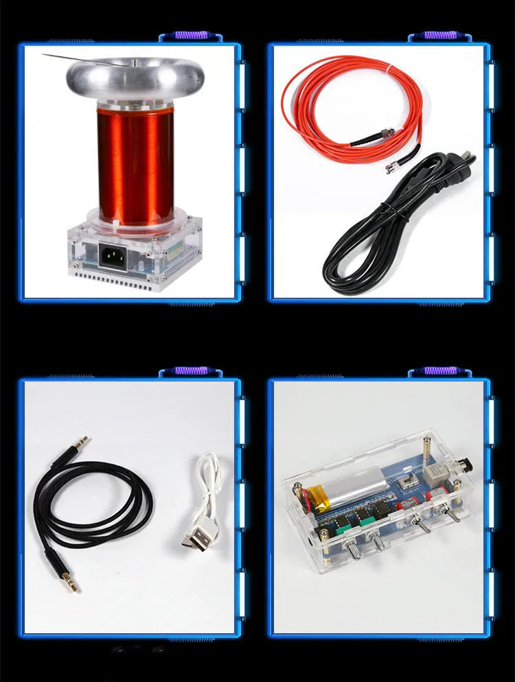 Music Tesla coil driver board with controller and cables, showing 220V power input and 3.5mm audio port.