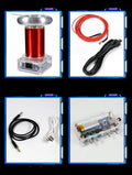 Music Tesla coil driver board with controller and cables, showing 220V power input and 3.5mm audio port.