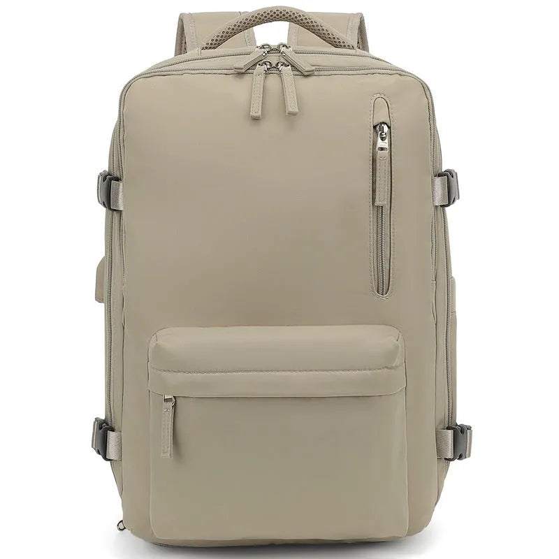 Large waterproof oxford cloth travel backpack with curved shoulder straps in light grey colour