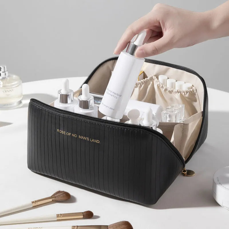 Vertical pattern cubic makeup bag in PU material with 22.5cm height for travel storage