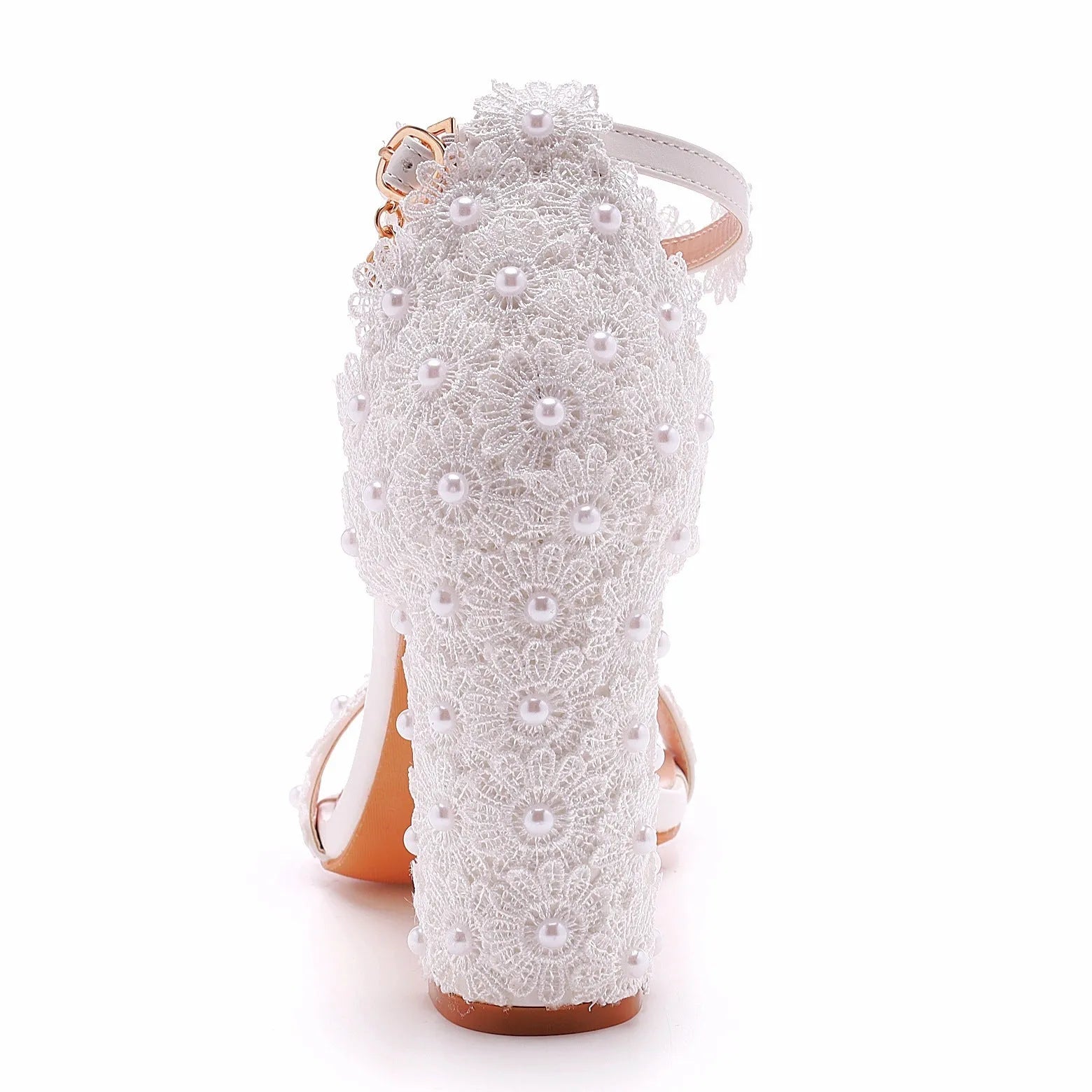 White PU shallow mouth square heel sandals with bead embellishment, low heel 4cm option