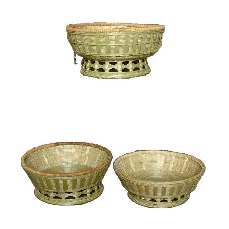 Handmade woven bamboo storage basket in natural colour showing three size variations