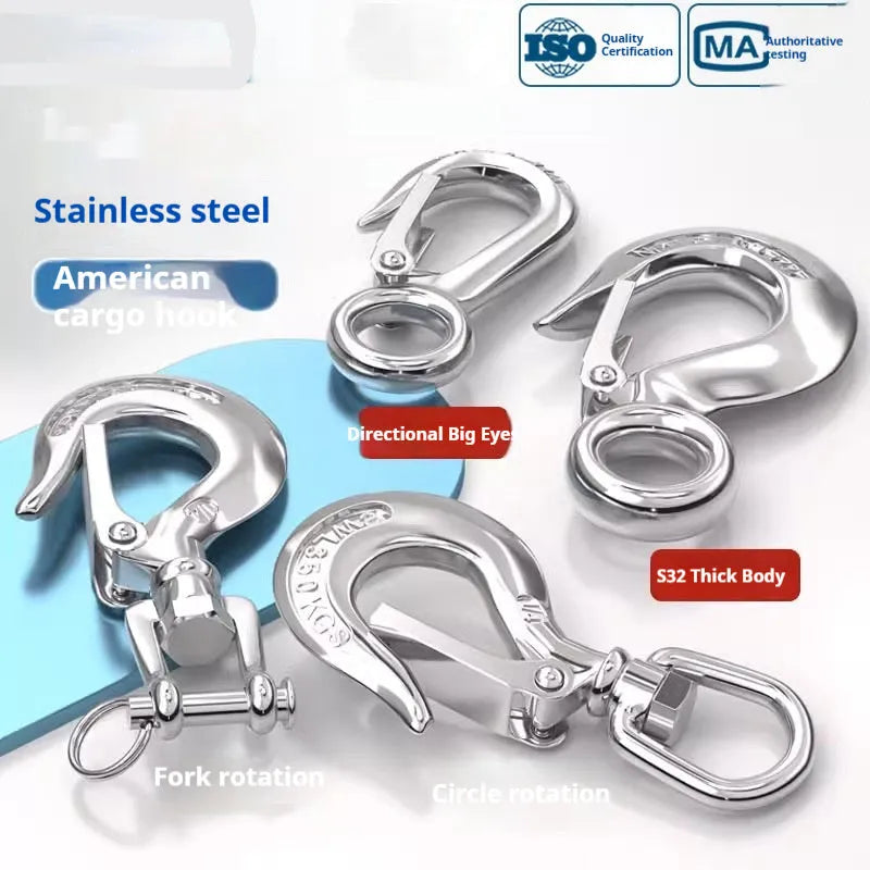 304 stainless steel fork rotating load-bearing hook with directional swivel ring in 150kg to 1500kg capacities