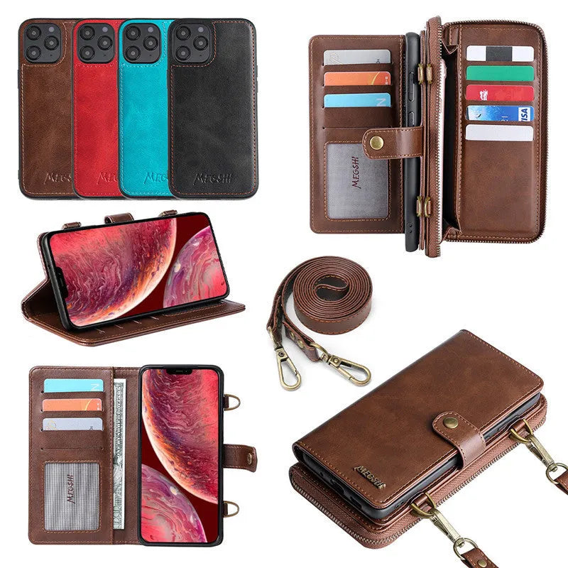 Detachable wallet flip phone case in black for iPhone and Samsung Galaxy with magnetic closure