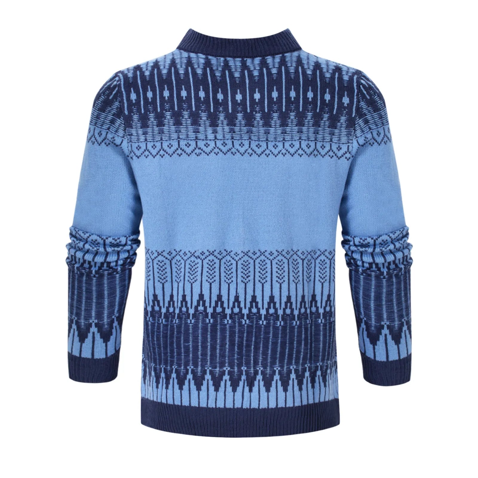 Man wearing a grey knitted crew neck pullover sweater with long sleeves.