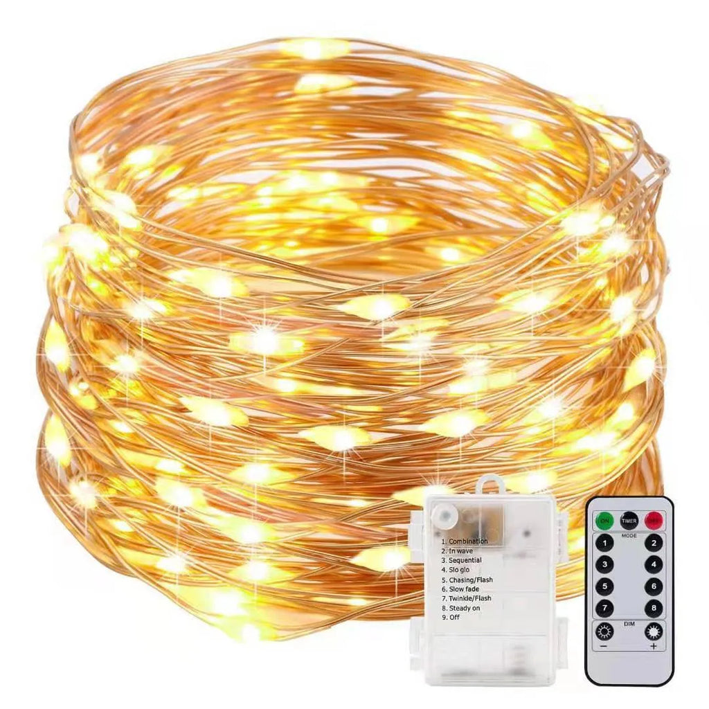 12 metre copper wire battery-operated string lights with 120 LED lamps in multiple colour options