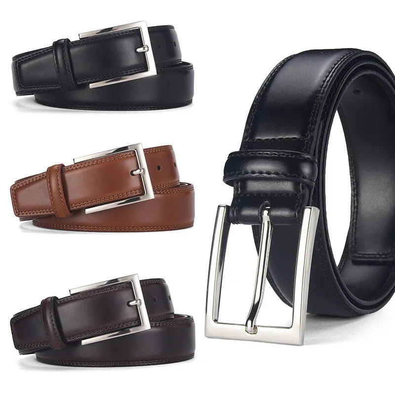 Men's classic black leather belt with a silver alloy pin buckle on a white background