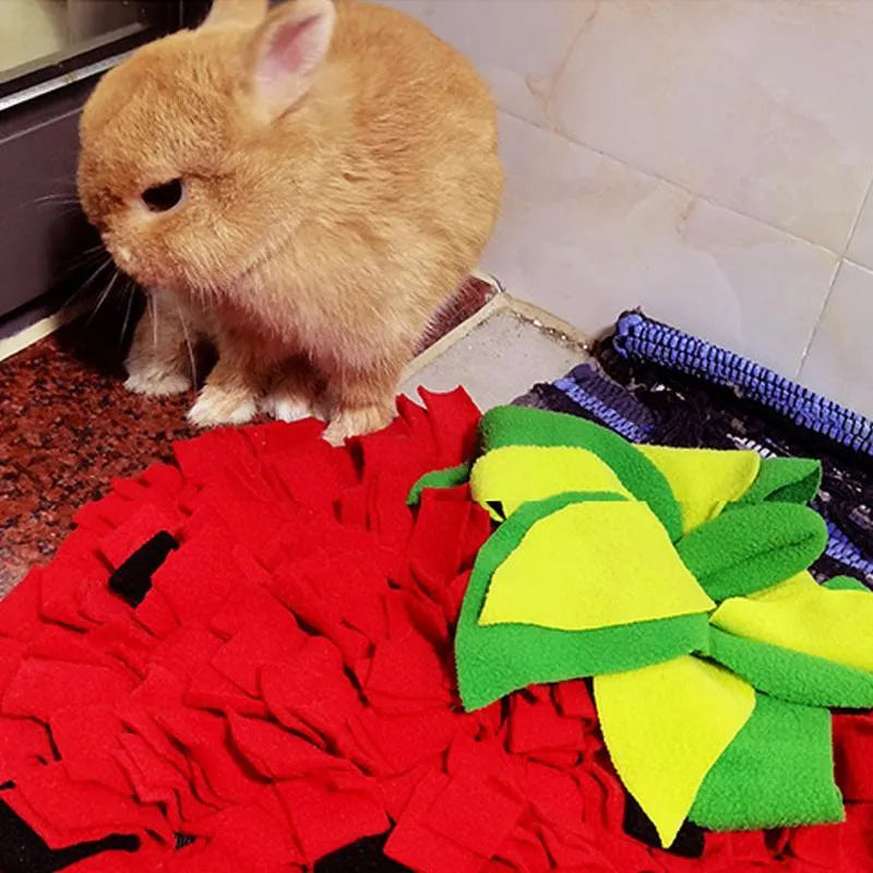 Red and green strawberry-shaped pet foraging mat for dogs and cats with multiple hiding spots