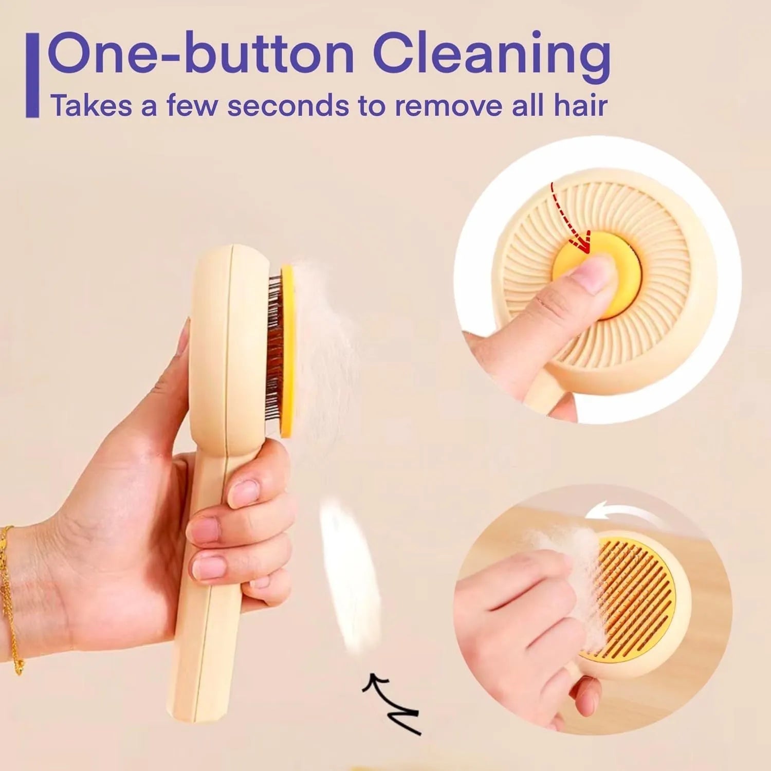 Blue and yellow pet grooming brush with metal pins and a self-cleaning button for cats and dogs.