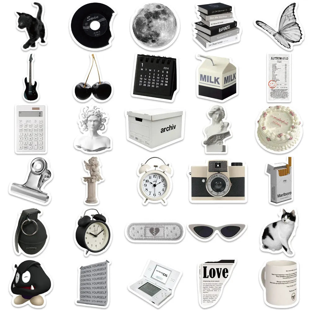 Black and white PVC waterproof sticker set with 61 pieces for laptop phone luggage customisation