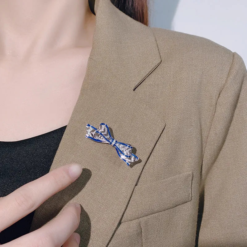 Copper oil dripping floral bow brooch for women suit cheongsam decoration fixation blue red