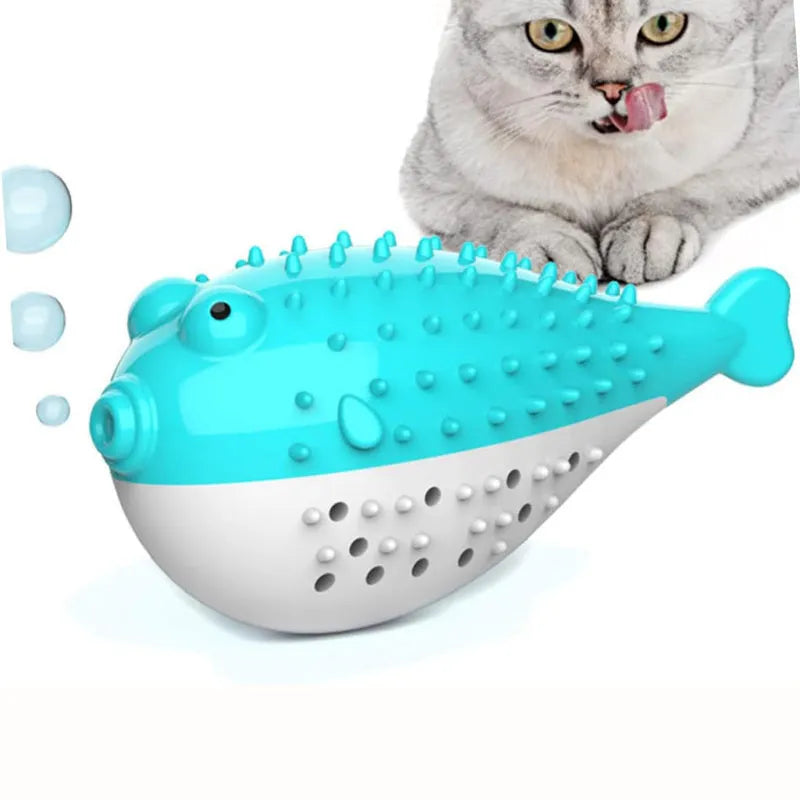Mint Toys colourful silicone fish-shaped cat chew toy with integrated toothbrush on a white background.