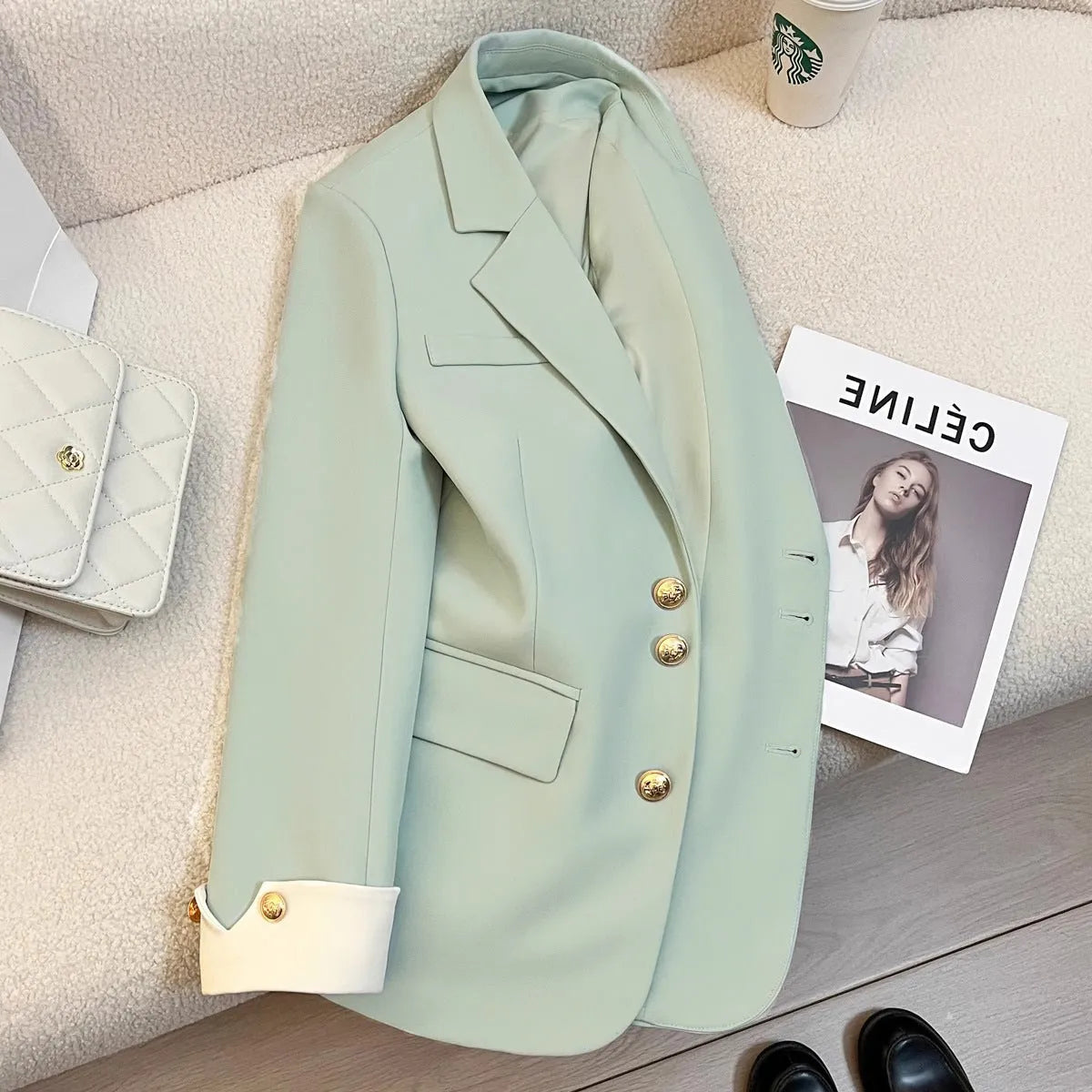 Korean-style women's mid-length coat in milky white with loose fit and pockets