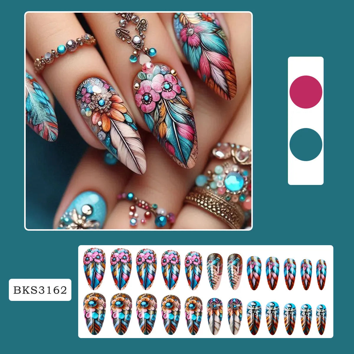 Plastic nail art set with coloured feather armour, butterflies, hearts, and floral patterns for retro manicures.