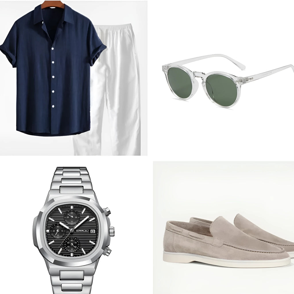 Man wearing a casual navy blue short sleeve shirt and matching shorts cotton linen beachwear suit set.