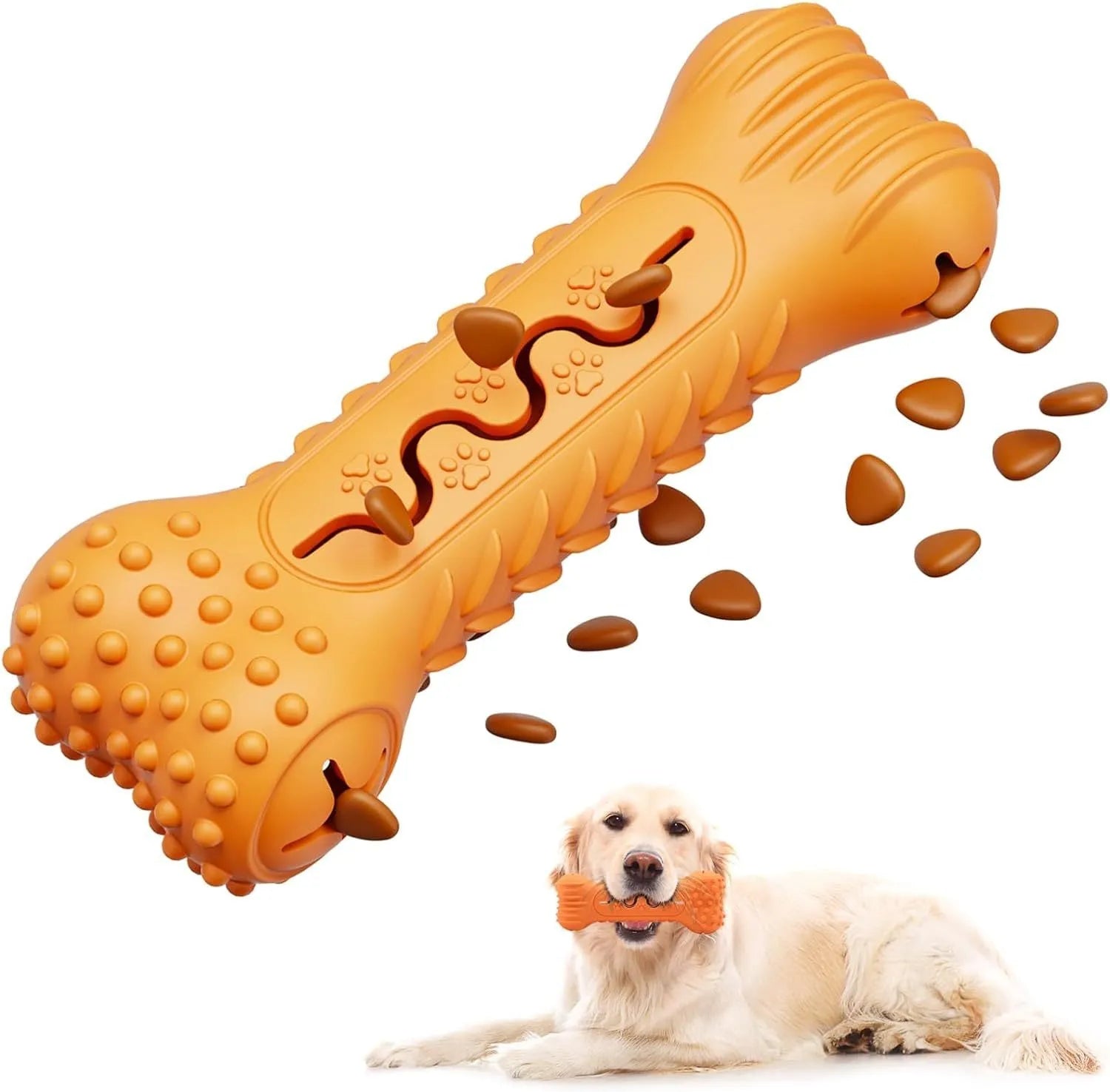 Natural rubber bone-shaped dog chew toy in blue, green, and orange options for aggressive chewers
