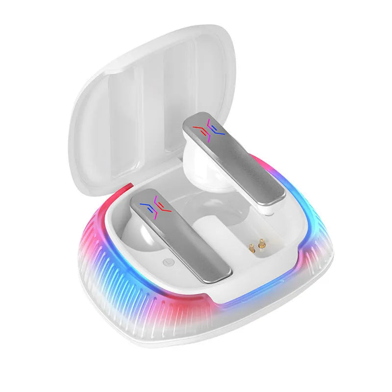 Hall Flashing wireless gaming earphones in black or white with charging cable