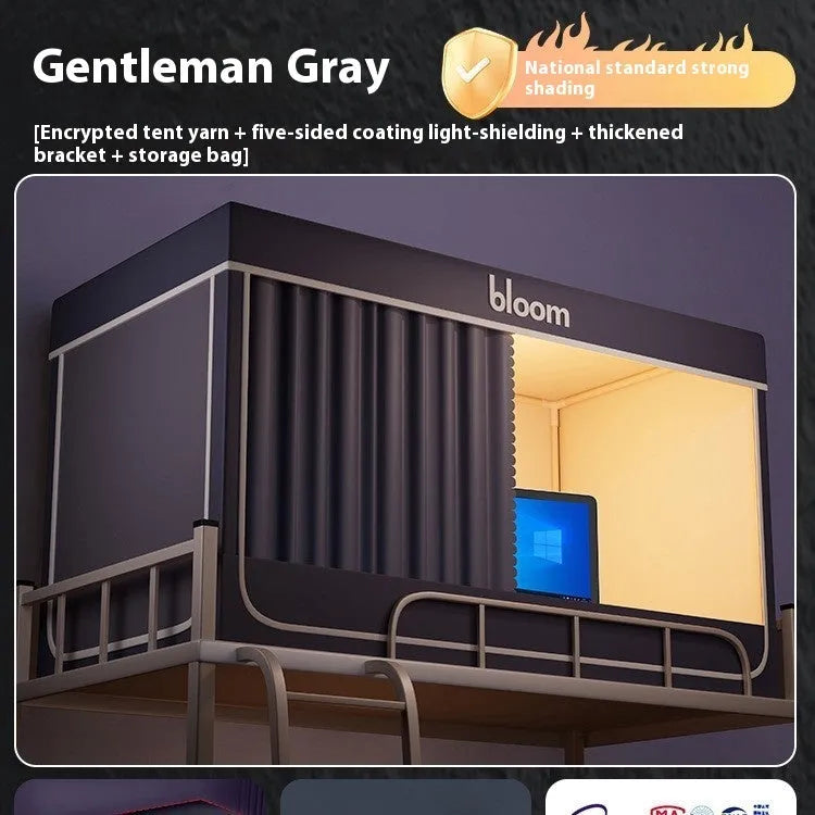 Grey integrated bed curtain and mosquito net set with complete enclosure design for 0.9 metre width beds