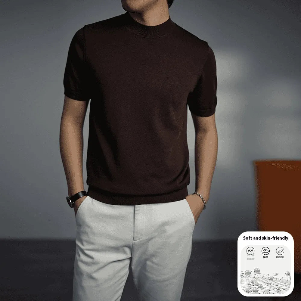 Men's knitted T-shirt with round neck and short sleeves in business gentleman style