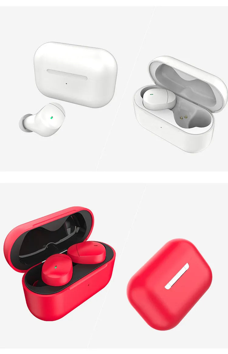 Flame red Qualcomm TWS 3040 wireless Bluetooth headset with earplug design and charging cable
